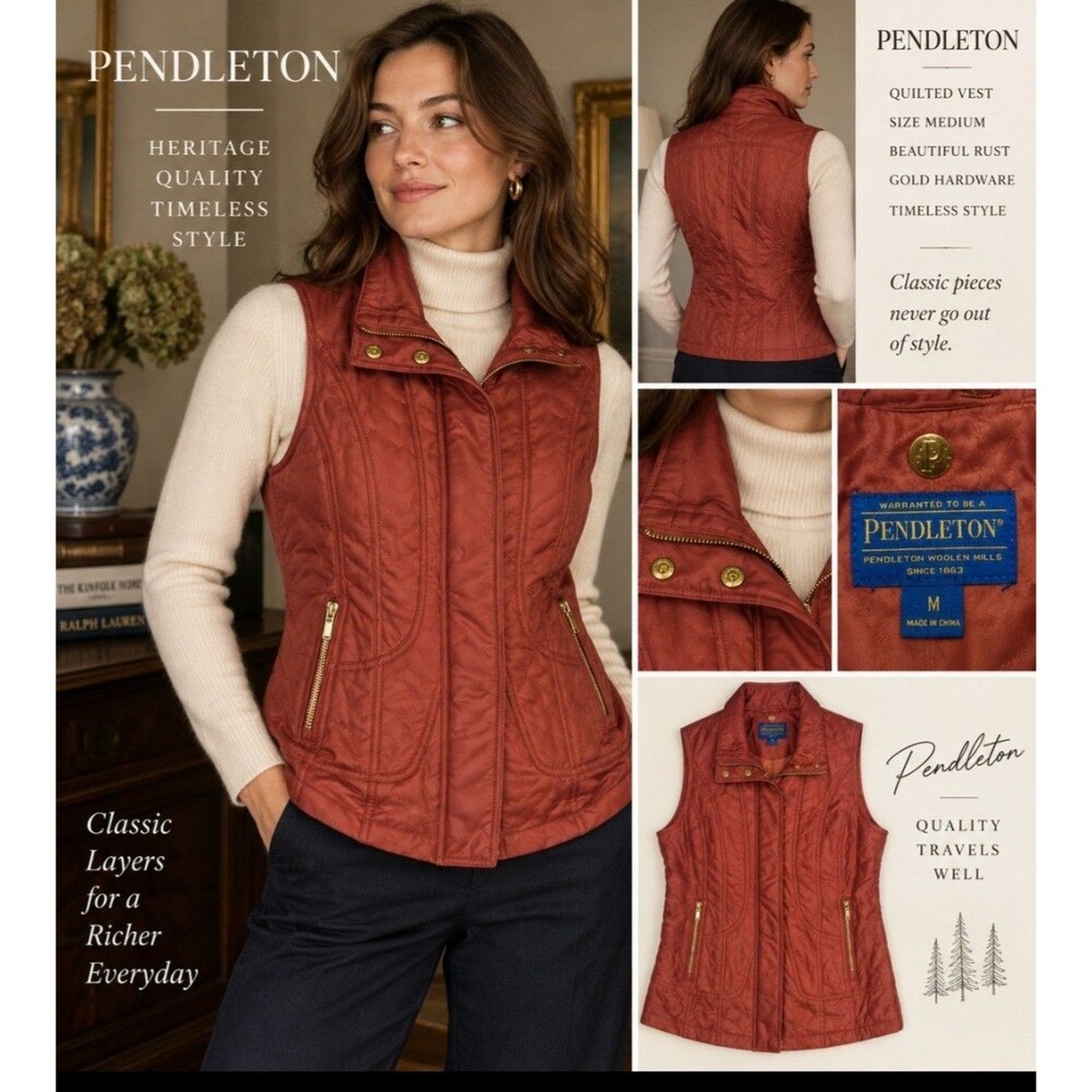 Pendleton Women’s Rust Quilted Vest M Lined Mid-Length Zip/Snap with Pockets